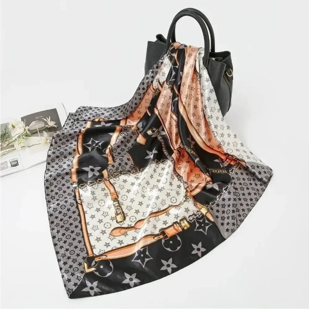 Luxury Monogram & Chain Print Silk-Feel Square Scarf